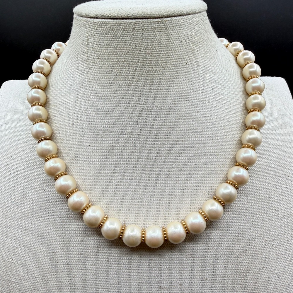 Cream Faux Pearl Beaded Necklace Gold Tone Spacer Classic Elegant Statement